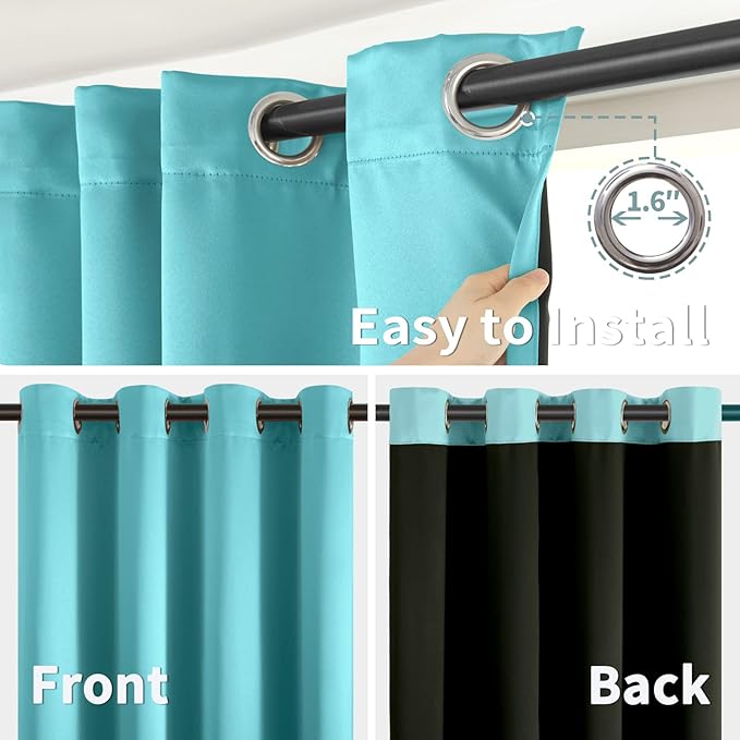 BGment Thermal Insulated 100% Blackout Curtains for Bedroom with Black Liner, Double Layer Full Room Darkening Noise Reducing Grommet Curtain (52 x 63 Inch, Aqua, 2 Panels)