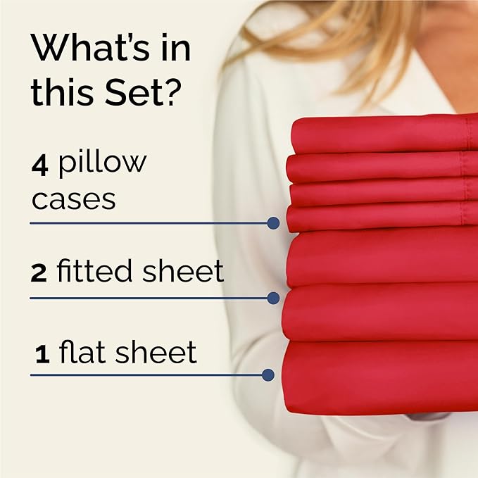 Split King 7 Piece Sheet Set - Cooling & Breathable - Hotel Luxury Bedding - Includes Fitted Sheets for Women, Men, Kids and Teens - 1 Flat, 2 Fitted Sheets, 4 Pillowcases with Deep Pockets - Red