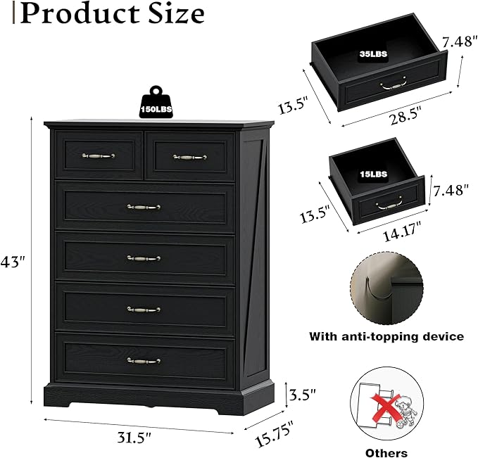 Farmhouse 6 Drawers Dresser for Bedroom, 43" Tall Wood Chest of Drawers with Deep Drawers & Bar Handles, Modern Dresser TV Stand, Rustic Wooden Closet Storage Organizer for Living Room, Hallway, Black
