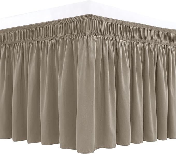 Biscaynebay Wrap Around Bed Skirts for Queen Size Beds 18" Drop, Taupe Adjustable Elastic Dust Ruffles Easy Fit Wrinkle Resistant Silky Luxurious Fabric Machine Washable