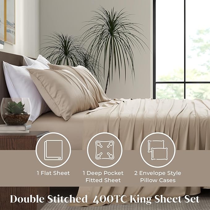 Luxury Bamboo Market | King Size Bed Sheet Set | 100% Viscose Made from Bamboo | Organically Grown | Ultra Soft | Cooling Sheets for Hot Sleepers | 17" Deep Pocket [Dune]