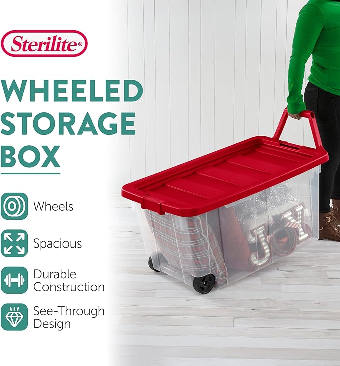 Sterilite 2 Pack Wheeled Storage Box, Large Clear Plastic Container, Durable Home Organizer with Red Lid and Rotating Handle, 160 Quart