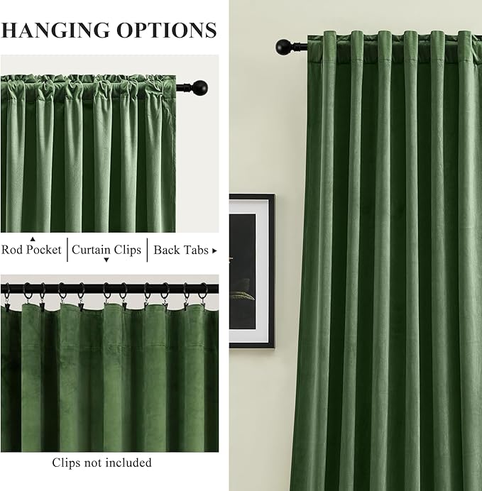 AUSSPVOCT Olive Green Velvet Curtains 96 Inches for Bedroom, Thermal Insulated Soft Room Darkening Curtains Luxury Window Drapes for Living Room Nursery, Back Tab Rod Pocket, W52 x L96, 2 Panels