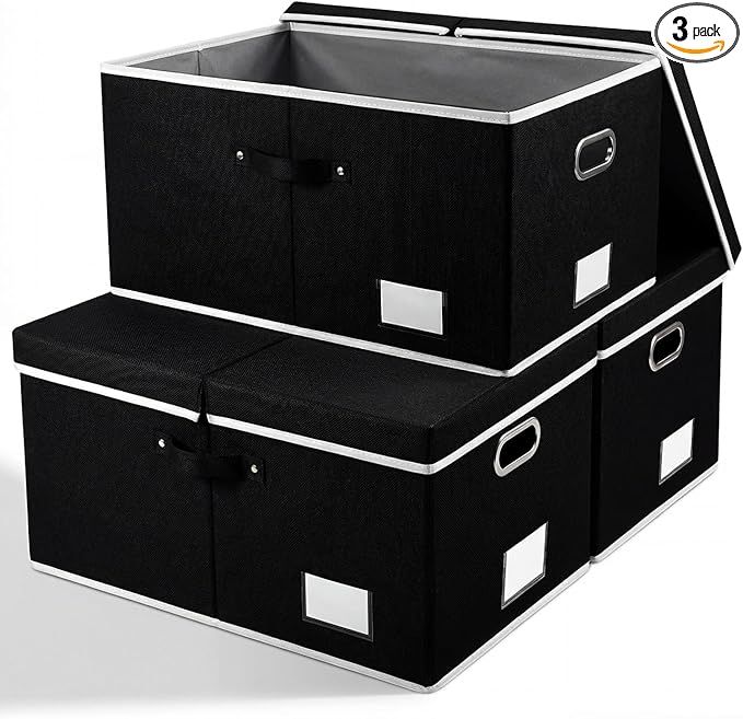 PRANDOM Storage Boxes with Lids [3-Pack] Fabric Collapsible Storage Bins Organizer Containers Baskets Cube with Cover for Home Bedroom Closet Office Nursery Black（23.4X15.9X11.5