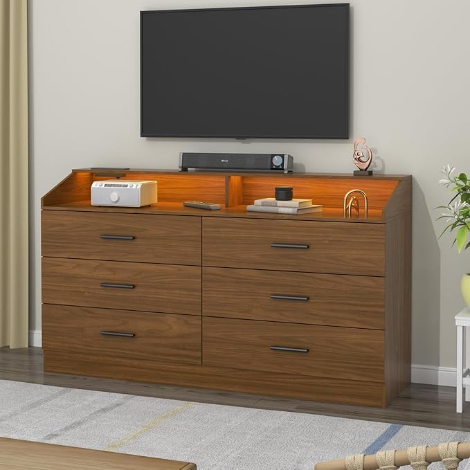 6 Drawer Dresser with Power Outlet, Chest of Drawers with LED Light, Modern Dresser with Open Storage Cubby, Double Wide Dressers Organizer for Bedroom, Living Room, Entryway,Hallway