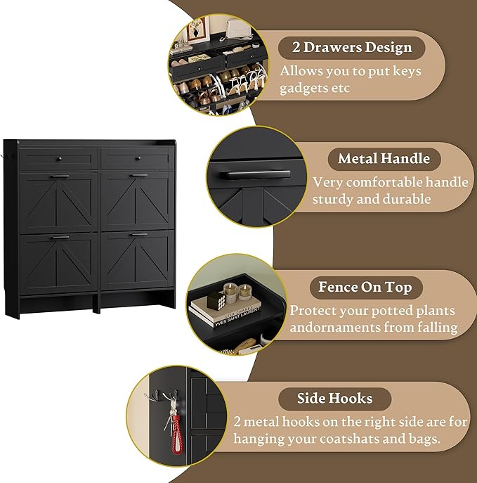 Shoe Storage Cabinet for Entryway, Farmhouse Wide Shoe Cabinet with 4 Flip Drawers and 2 Top Drawers, Freestanding Organizer with Adjustable Shelves, Hooks, and Anti-Tip Kit for Hallway