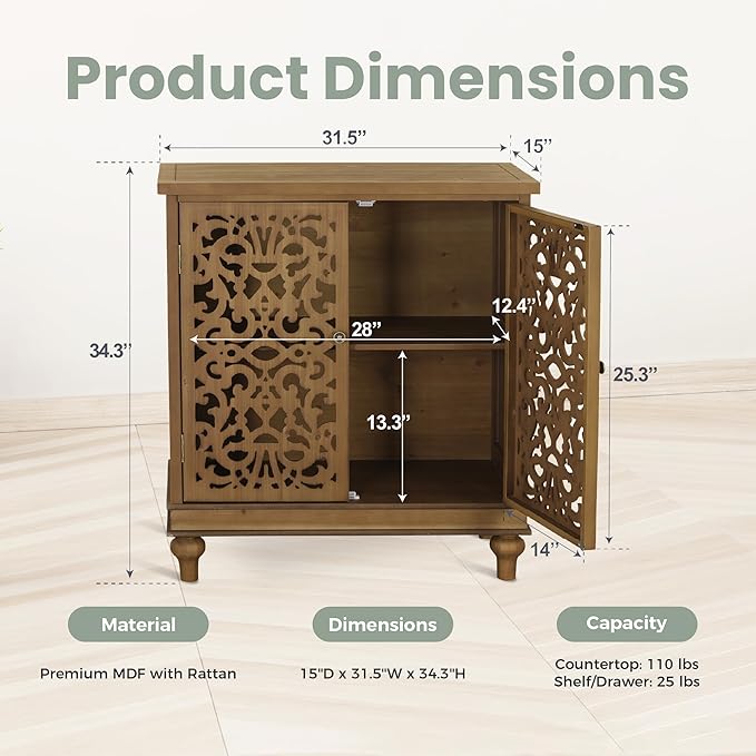 PHI VILLA Accent Cabinet with Doors - Credenza Small Buffet 2 Door Storage Cabinet