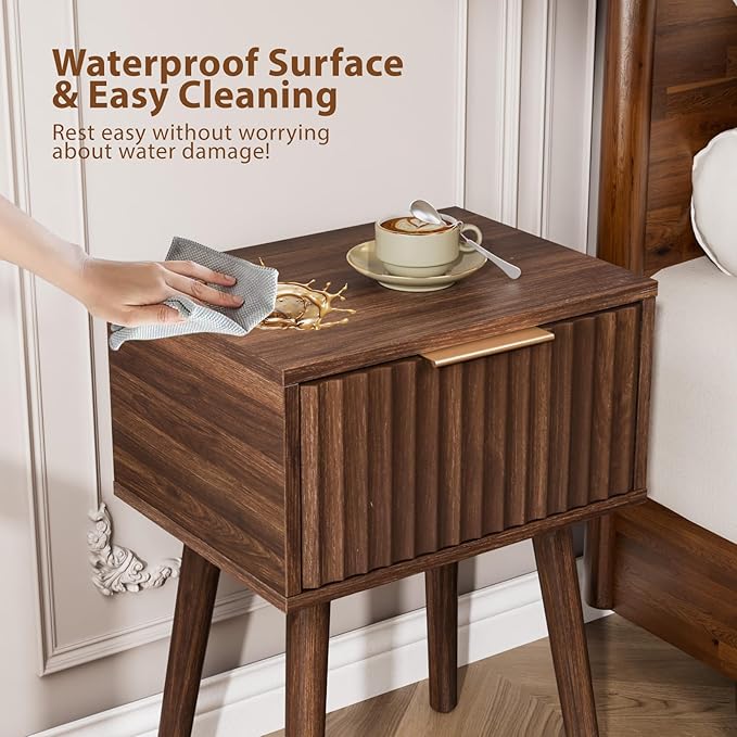 VINGLI Night Stand, Fluted Nightstand Wood, Mid Century Modern Nightstand for Bedroom, Bedside Table, Wood Side Table, Small Night Stand Walnut, 15.75" W*11.81" D*21.85" H
