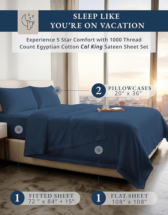 LANE LINEN 100% Cotton Cal King Sheet Set - 1000 Thread Count, 15" Deep Pocket Fully Elasticized French Reinforced Pocket Seams for Soft, Comfy & Fresh Bed Eco Friendly Cooling Sheets - Estate Blue
