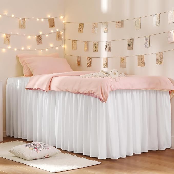RIMELA Dorm Bed Skirt Twin XL 36 Inch Drop, Easy to Install Extra Long Wrap Around Elastic Dust Ruffle, White Bedskirt Solid Silky Fabric Machine Washable (Twin XL 80“L x 39”W & Twin 75“L x 39”W)
