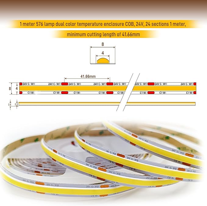 COB LED Strip Light,CCT Dimmable Strips Light,2700K-6500K,9.84ft/3m,8mm Wide,CRI90+ 24V LED Strips Kit with Bluetooth APP Control/Music Mode,for Bedroom,Kitchen,DIY Lighting