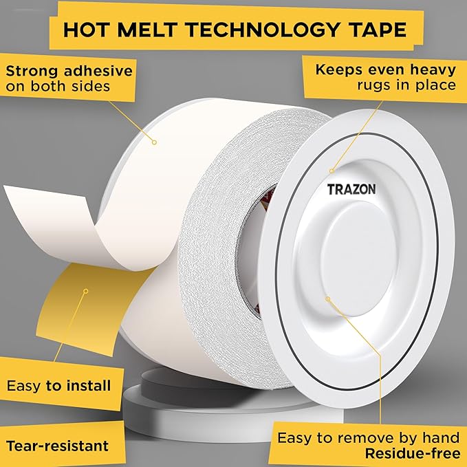 Carpet Tape Double Sided - Rug Tape Grippers for Hardwood Floors and Area Rugs - Carpet Binding Tape Strong Adhesive and Removable, Heavy Duty Stickers Grip Tape, Residue Free (2 Inch / 15 Yards)
