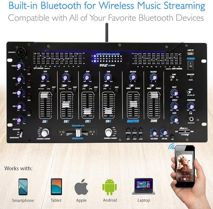 Pyle 6 Channel Mixer DJ Controller with Bluetooth, Professional Sound Digital Mixing System with LED Illumination, Slider Controls, Speed Control, 10 Band Equalizer 5U Rack Mount System - PYD1964B.5
