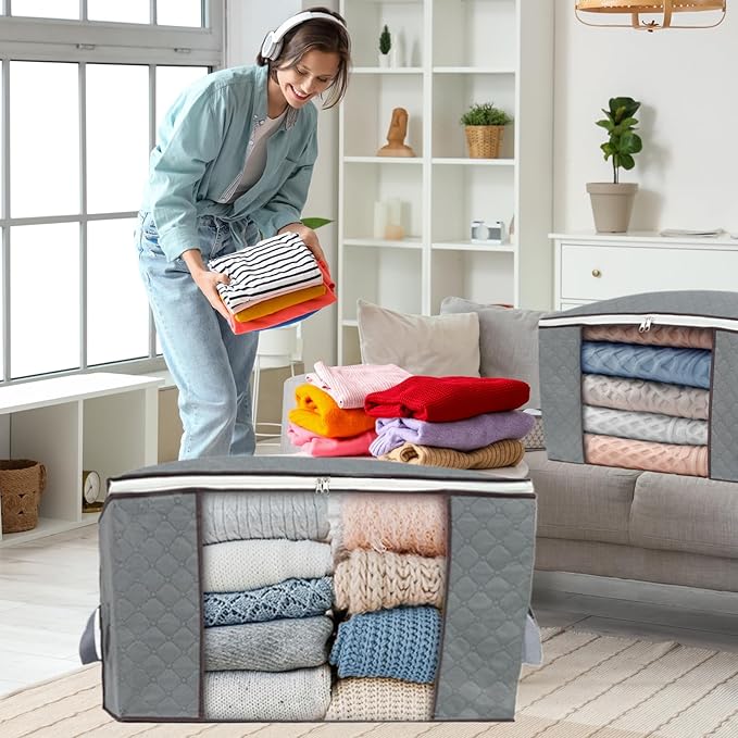 combocube 6Pcs Zippered Storage Bag for Closet King Comforter, pillow, quilt, bedding, Clothes, Blanket Organizers with Large Clear Window & Carry Handles Space Saver