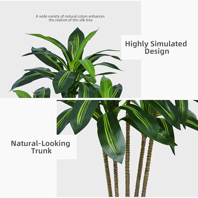 Artificial Dracaena Tree 6FT - Faux Tree with Gray Tall Planter - Fake Tropical Yucca Floor Plant in Pot - Artificial Silk Tree for Home Office Living Room Decor Indoor