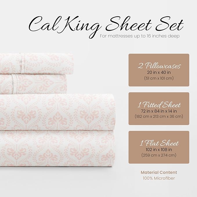 Linen Market Double-Brushed Patterned Microfiber California King Sheet Set 4 Piece – Oeko-TEX Certified Ultra Soft & Wrinkle-Free - 16" Deep Pocket Sheets Easy Care Cal-King Size - Classic in Pink