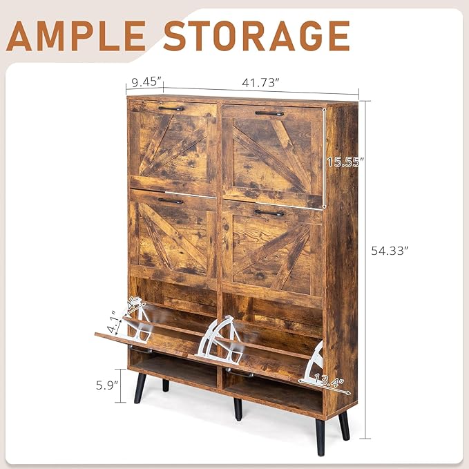 VINGLI 6 Flip Drawer Shoe Cabinet for Entryway, Rustic Brown Shoe Storage Cabinet with 5 Solid Wood Legs, Farmhouse Barn Door Design Tall Shoe Organizer for Hallway, Bedroom, or Living Room