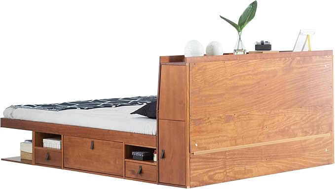 memomad Bali Set: Storage Platform Bed with Drawers + Bookcase Headboard (King Size, Caramel Brown Wood)