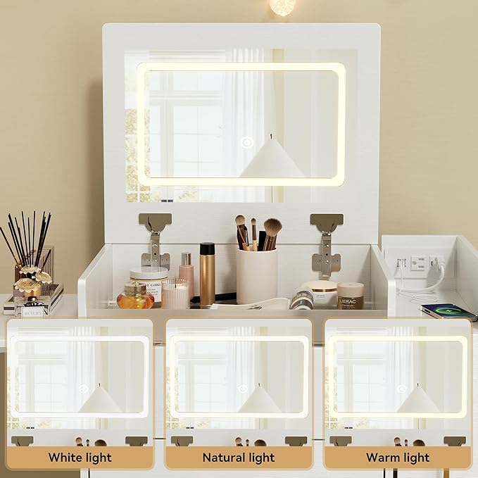 3 in 1 Vanity Desk with Flip Top Mirror, LED Lights, Side Cabinet,Collapsible Desk Panel, Hidden Stool with Storage, Small Makeup Vanity Table with Power Outlets, Compact Vanity, White PT01DTW