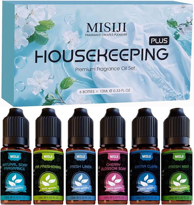 Housekeeping Essential Oils Set for Diffuser,Pure Aromatherapy Oil for Diffuser,Candle Making,Natural Soap Scent,Cherry Blossom Soap,Fresh Mint,Fresh Linen,Air Freshener,Extra Clean