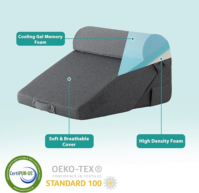Bedluxe 3Pcs Orthopedic Bed Wedge Pillow Set, Foam Wedge Pillow Post Surgery for Back, Leg and Knee Support, Adjustable 9&12 Inch Folding Triangle Pillow for Sleeping, Acid Reflux, Snoring, Dark Grey
