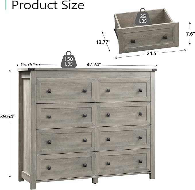 Dresser for Bedroom with 8 Drawers, Farmhouse Wood Chest of Drawers, Wide TV Stand Closet Storage Furniture with Metal Handle, Modern Clothes Organizer for Hallway, Living Room, Entryway, Light Grey