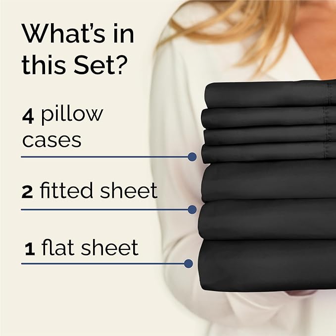 Split King 7 Piece Sheet Set - Cooling & Breathable - Hotel Luxury Bedding - Includes Fitted Sheets for Women, Men, Kids and Teens - 1 Flat, 2 Fitted Sheets, 4 Pillowcases with Deep Pockets - Black