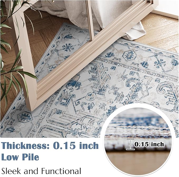 jinchan Lima Kitchen Runner Rug 3x8-2pcs, Bohemian Hallway Washable Rug Floral Non Slip with Rubber Backing Vintage Carpet Runner for Bedroom Bathroom Laundry Room Living Room Decor Blue