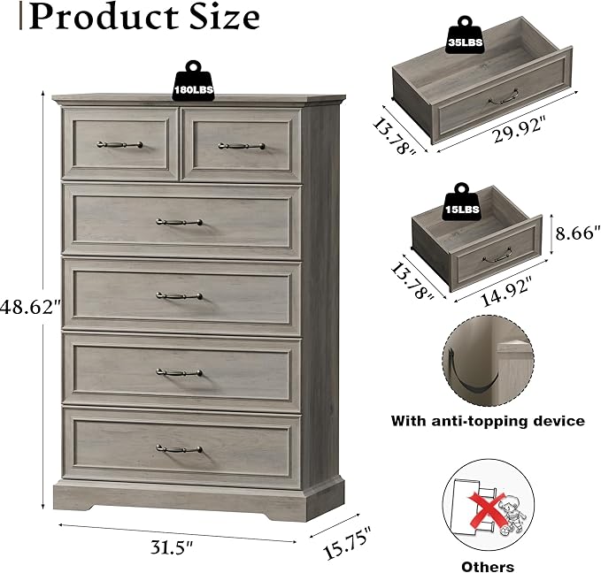 Farmhouse 6 Drawers Dresser for Bedroom, 49" Tall Modern Chest of Drawers with Deep Drawers & Bar Handles, Rustic Wood Dresser TV Stand, Wooden Closet Storage Organizer for Living Room, Hallway, Grey