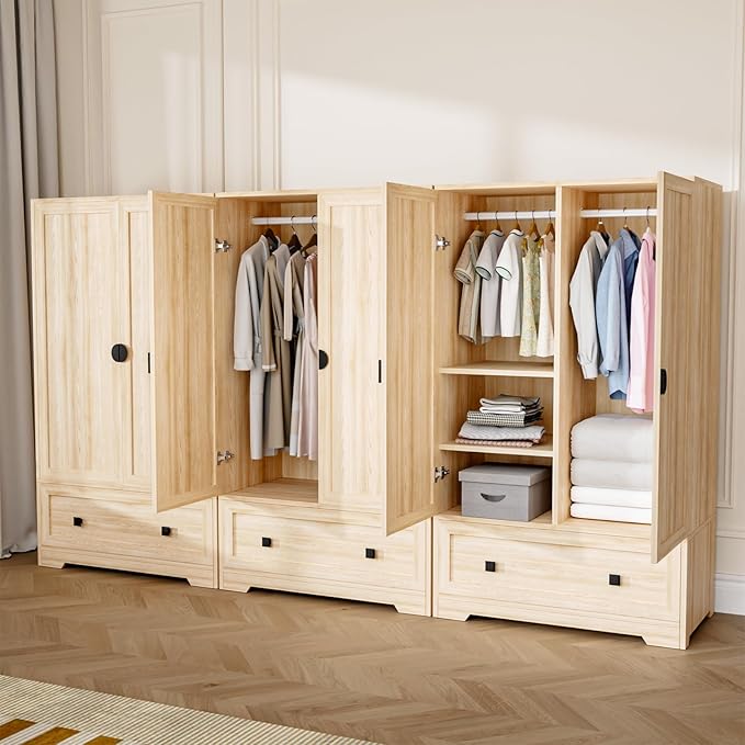 VINGLI Armoire Wardrobe Closet With Doors, Hanging Rod, Shelves and Drawer - Freestanding Cabinet for Bedroom, Dorm - Oak, 38" W x 21" D x 65" H