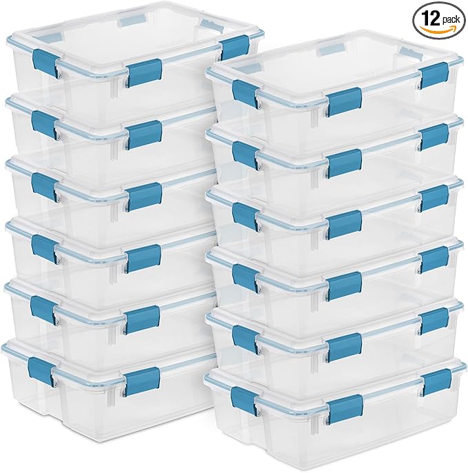Sterilite 12-Pack Gasket Box, Weather-Resistant Storage Bins with Latching Lids, 37 Quart - Heavy-Duty Organizing Containers for Closet, Bathroom, and Office