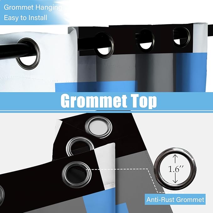 Light Blue 100% Blackout Curtains for Bedroom 63 inch Length 2 Panels Set White Grey Modern Abstract Geometric Black Out Curtains Insulated Room Darkening Window Drapes for Living Room, 52Wx63L