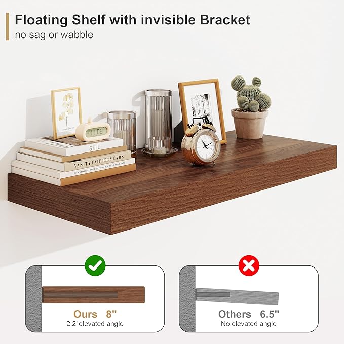 Heimlove Walnut Bathroom Shelf Floating Shelves for Over Toilet Long Wall Mounted Modern Farmhouse,48 x 12 with Invisible Brackets for Living Room, Kitchen, Bedroom