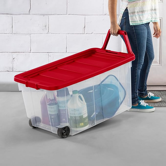 Sterilite 2 Pack Wheeled Storage Box, Large Clear Plastic Container, Durable Home Organizer with Red Lid and Rotating Handle, 160 Quart