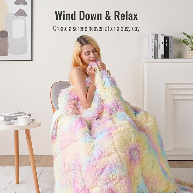 Uttermara Sherpa Fleece Weighted Blanket 12 lbs for Adults, Luxury Shaggy Faux Fur & Cozy Fluffy Sherpa Reverse Snugly Heavy Blanket, Twin Size Throw Blanket for Sofa Bed, 48 x 72 inches, Rainbow
