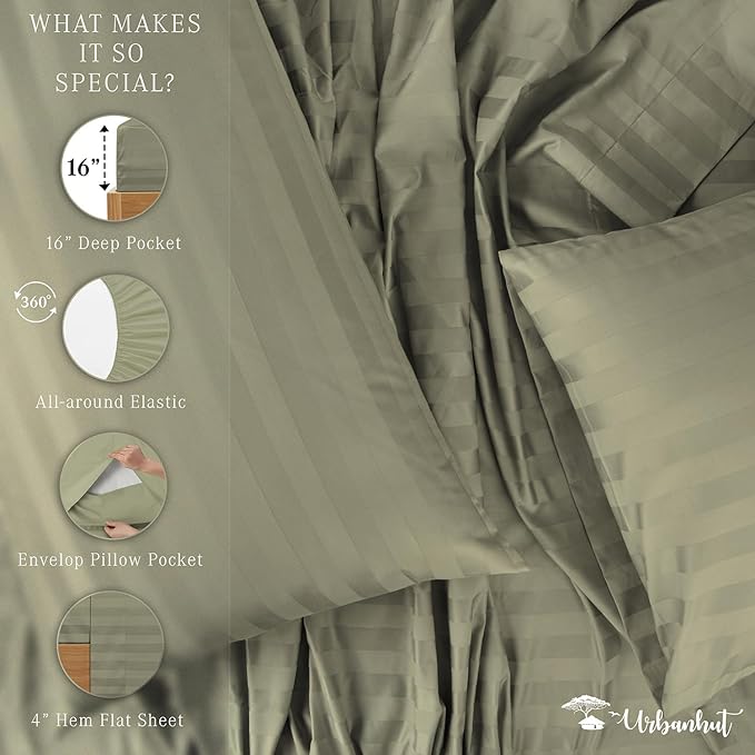 URBANHUT 800 Thread Count 100% Cotton Damask Full Size Sheets, 4 Piece Striped Full Size Bedsheets, Luxury Hotel Sheets Sateen Weave - Better Than Egyptian, 16" Elasticized Deep Pocket- Sage