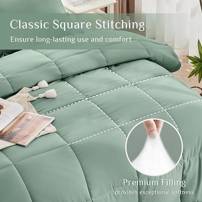 JOLLYVOGUE California King Comforter Set, Ultra-Soft Bed in a Bag Cal King Size 7 Pieces, Oeko-TEX Certified Bedding Set with Down Alternative Comforter, Sheets, Pillowcases & Shams, Sage Green