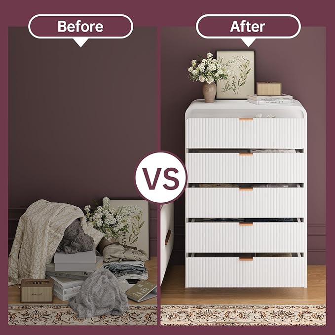 FURSUN Fluted 5 Drawers Dresser for Bedroom, 48" Tall Wooden Modern Dresser with Metal Handle, Curved Profile Design, Storage Organizer for Bedroom, Living Room, Hallway, White