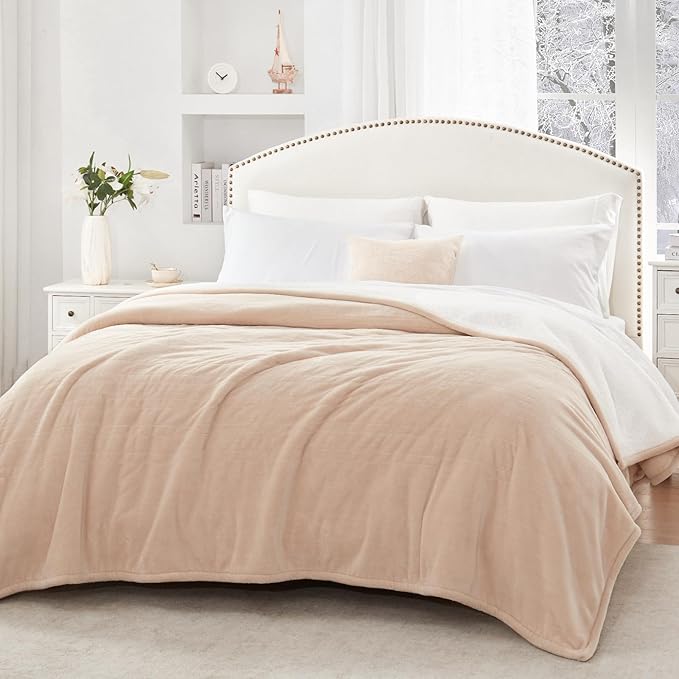 SEALY Electric Blanket Queen Size, Flannel & Sherpa Heated Blanket with 10 Heat Setting & 1-12 Hour Auto Shut Off, Fast Heating Blanket, Machine Washable, Beige, 84 x 90 Inch