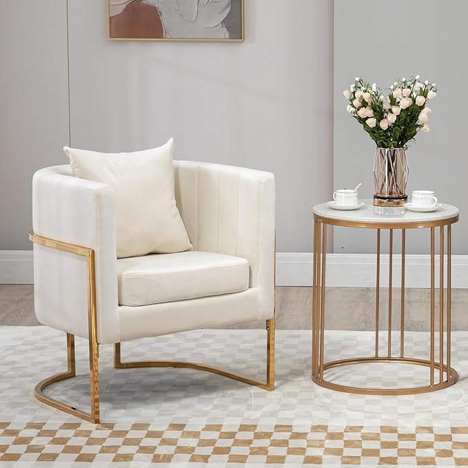 Velvet Accent Chairs Set of 2, Mid Century Modern Upholstered Barrel Armchair with Pillow for Living Room, Comfy Single Club Chair with Metal Gold Legs for Bedroom, White