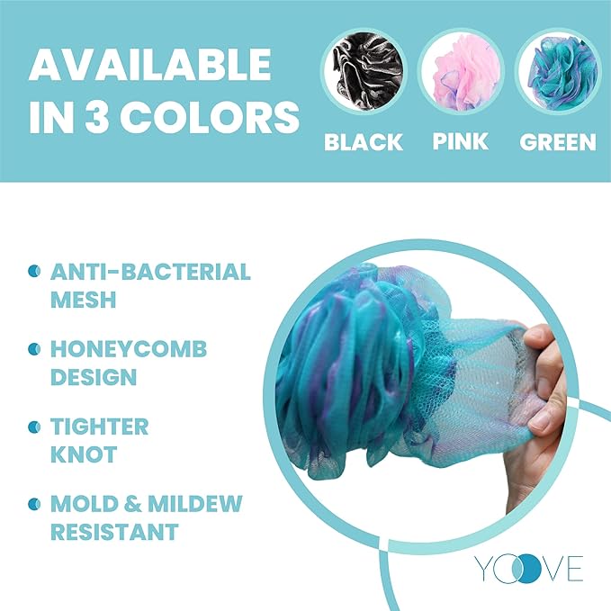 Yoove Bath Pouf with Handle - Body Scrubber Green Loofah for Women - Charcoal Infused Shower Loofah Sponge with Handle - Back Scrubber - Back Shower Sponge