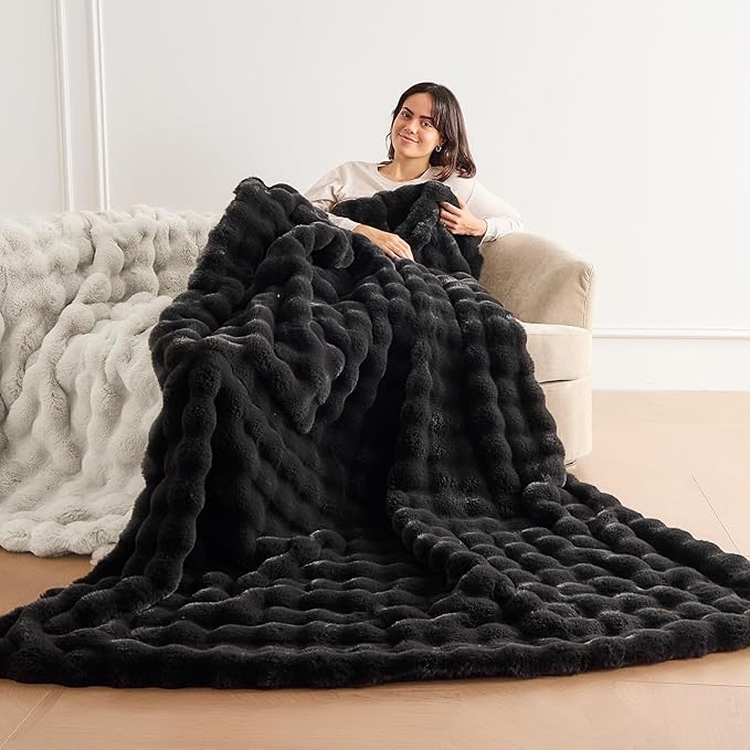 Fluffy Cozy Fuzzy Plush Bubble Blanket - Luxury Faux Rabbit Fur Throw Blanket Thick Warm Decorative for Bed, Sofa (King Size 108''x90'', Black)