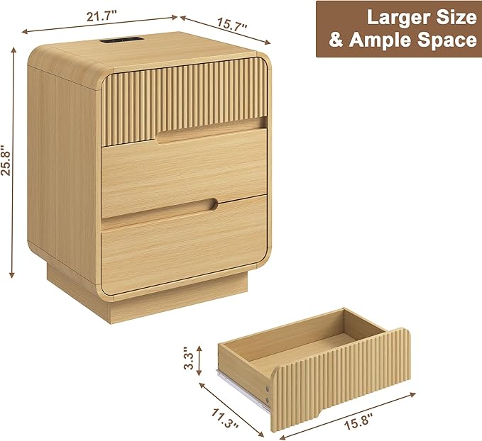 8 Drawer Dresser and 2 Nightstand Sets for Bedroom 3 Pcs Bedroom Set, Modern 39.4" Fluted Dresser with Invisible Handles Nightstand Charging Station, Bedroom Furniture Set for Living Room, Natural