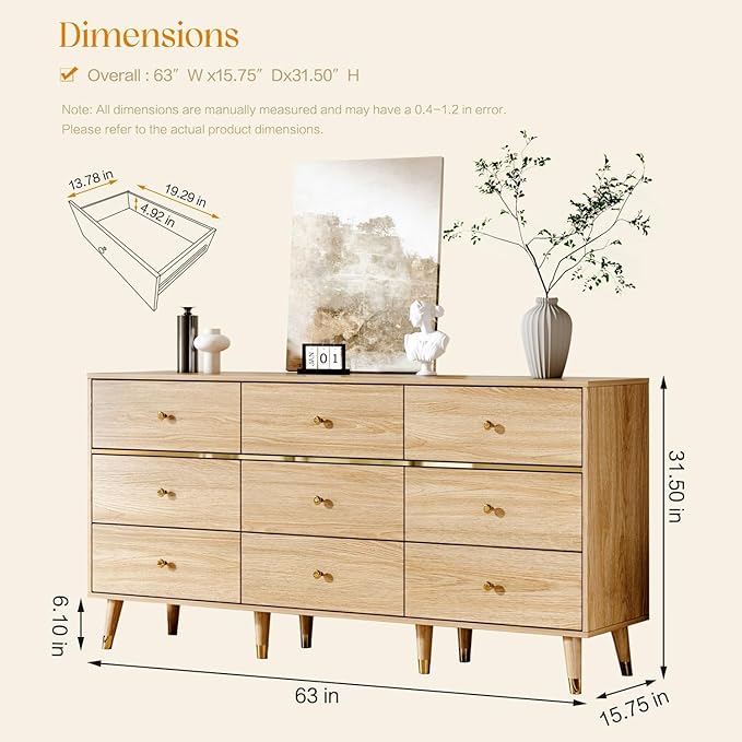 9 Drawer Dresser,63" Wide Mid Century Modern Chest of Drawers,Wooden Bedroom Drawer Dresser with 9 Storage Drawers for Bedroom, Living Room,with Anti-Tipping Device,Natural