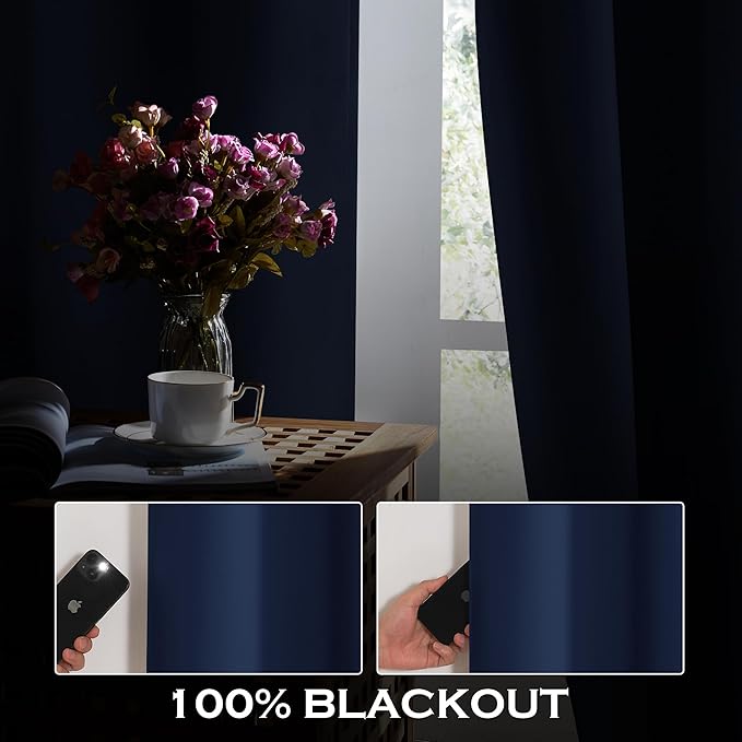 KGORGE Anti Dust Soundproof 100% Blackout Curtains 4 Layers Heavy Duty Energy Efficiency Window Curtains for Living Room Baby Bedroom Home Office Studio, Wide 52 x Long 95 inches, Navy Blue, 2 Panels