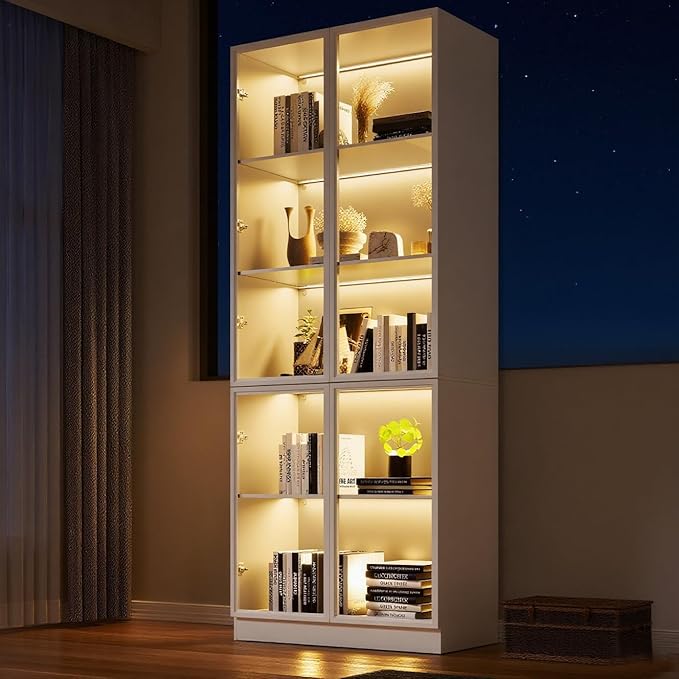 Display Storage Cabinet with Glass Door, LED Lights,Showcase for Collections, Perfume, Vinyl Albums, Bookcase for Home Office, Living Room, Clinic, Pantry (5 Layers-White)