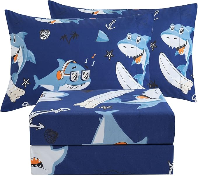 JSD Blue Shark Surfing Kids Sheet Set Full Size, 4 Piece Nautical Printed Microfiber Sheets Deep Pocket