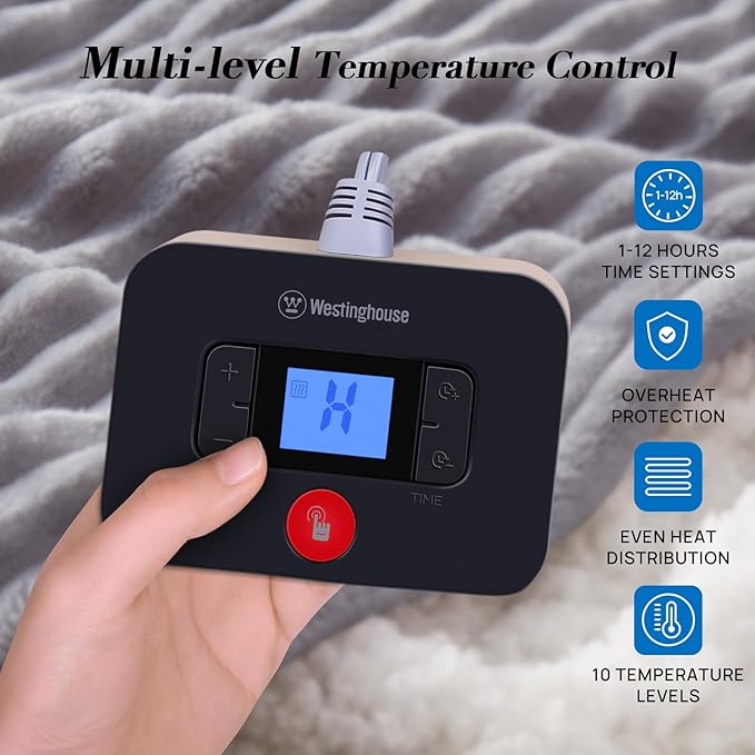 Westinghouse Queen Size Electric Blanket, Flannel to Sherpa Reversible, Heated Blanket Queen with Dual Control 10 Heating Settings & 1-12 Hours Auto Shut Off, Machine Washable, (84" x 90", Light Grey)