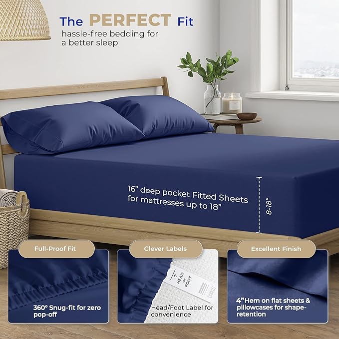 THREAD SPREAD 100% Cotton Queen Sheets Set - 400 Thread Count Queen Size Sheets (4 PC, Navy Blue), 16" Deep Pocket All Around Elastic, Soft, Cooling, Durable & Breathable Sateen Weave Bed Sheet Set