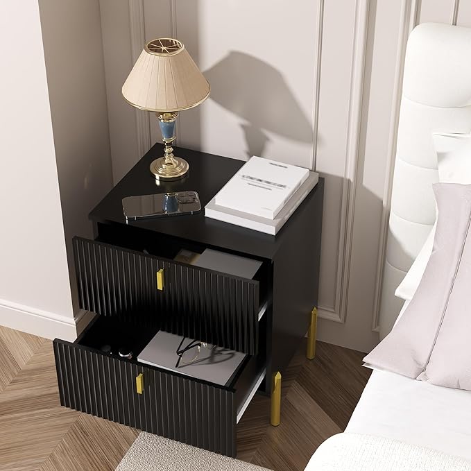 Luxury Fluted Night Stand, Nightstand with 2 Drawers, Modern Bedside Table with Golden Legs and Handles, End Tables for Living Room Bedroom, Black